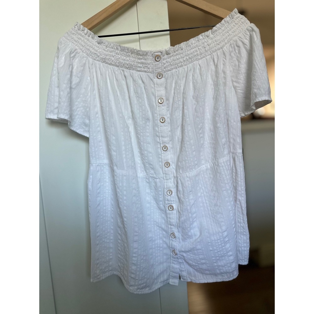 Anthropologie White Off The Shoulder Button Front Smocked Dobby Blouse Large